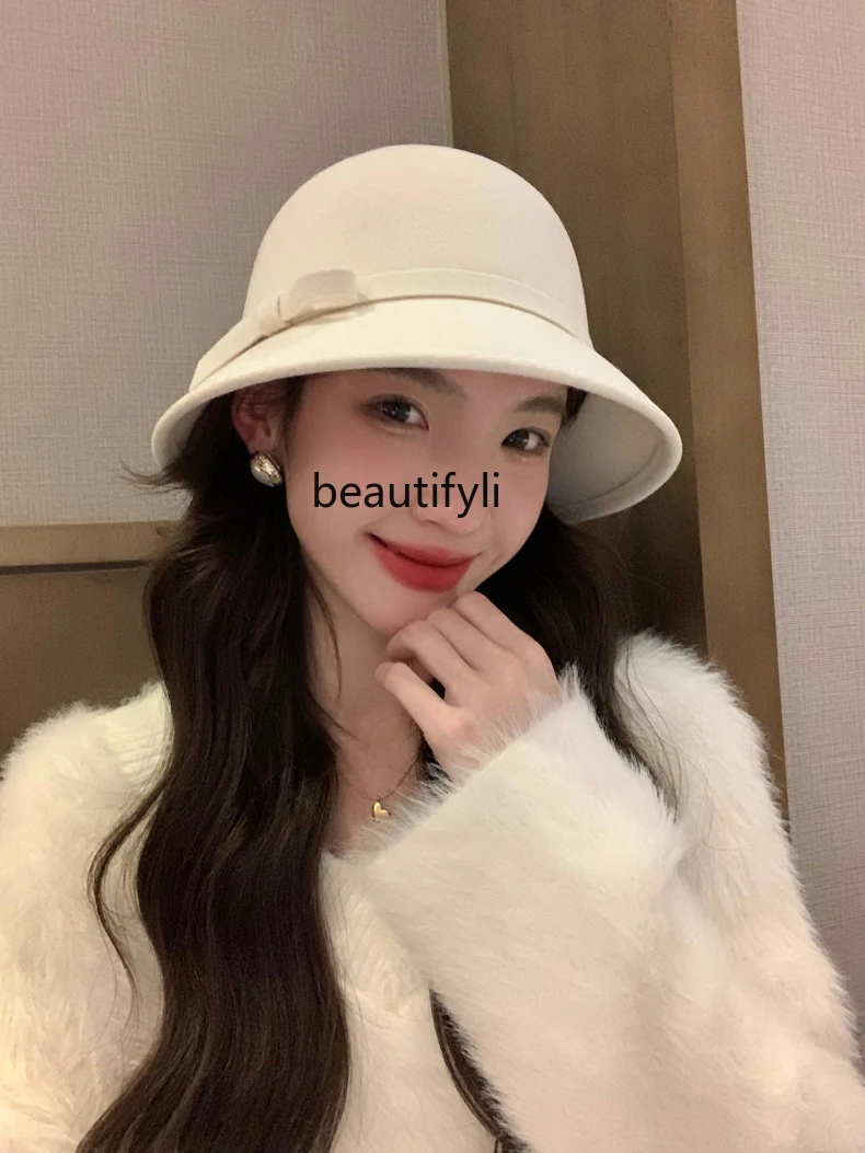 

Elegant Graceful Socialite Billycock Autumn and Winter Hepburn Style Woolen Bucket Hat Retro Debutante Style Bucket Hat