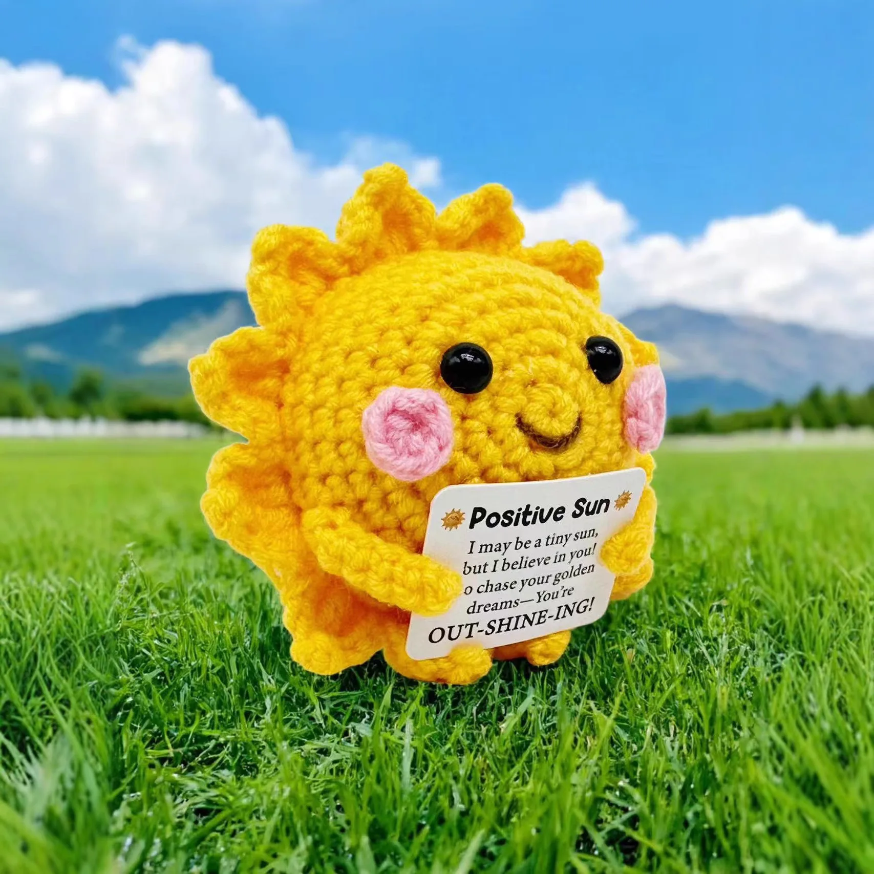 Funny Positive Crochet Sunshine Desktop Ornament Handmade Emotional Support Positive Sun Doll with Card Home Christmas Decor