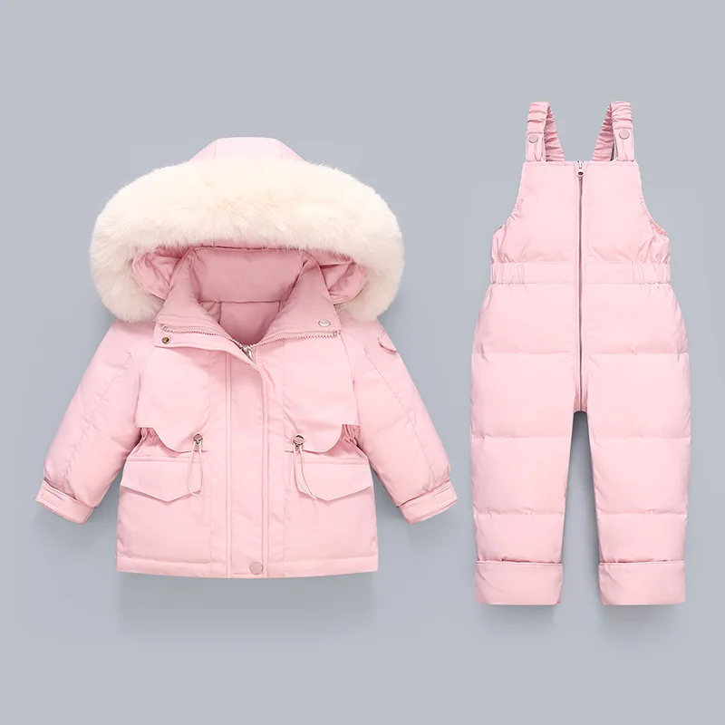 Children\'s Down Jacket Suit for Toddler Girls Boys 2023 New Baby Two Piece Fur Collar Strap Pants Kids Winter Jacket 6 Color