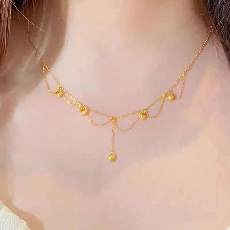 فاخر 24K 9999 الذهب الخالص الذهب الحقيقي الدانتيل خمسة الخوخ القلب سلسلة ضوء الفاخرة الجوف شرابة سلسلة الترقوة #3