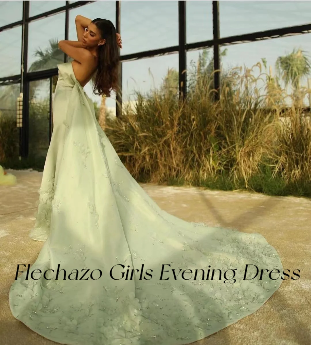 Flechazo Satin Prom Dresses Strapless Beads Handmade Petal Sweep Train Formal Occasion Party Dress For Women 2024 فساتين السهرة