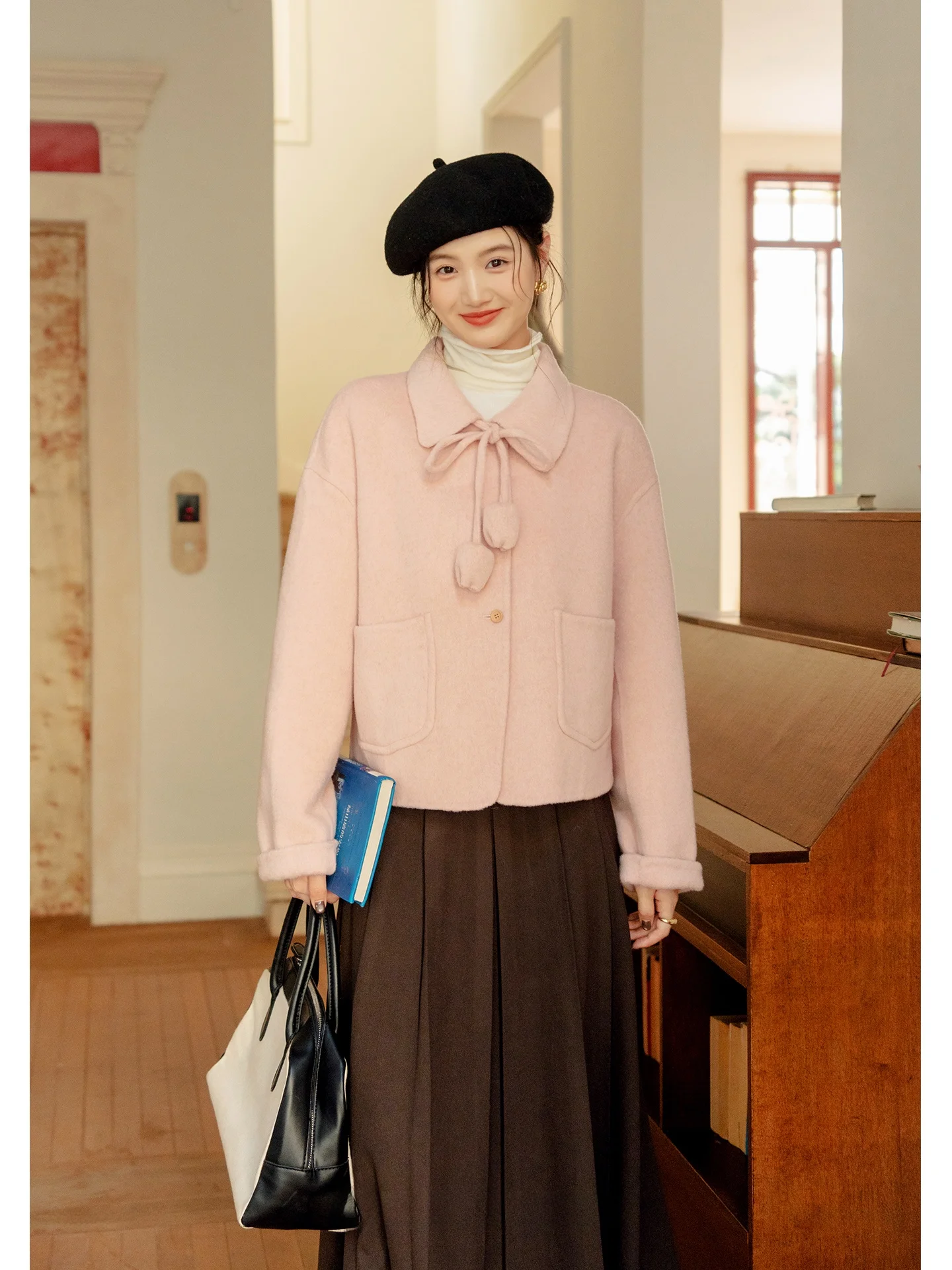 

Pink Woolen Double-Faced Tweed Jaet Women's ort Coat Autumn Winter Thiened Small Size Sweet Sle Loose Fit Knot