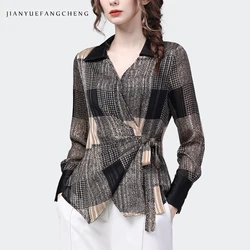 French Style V-neck Chiffon Plaid Shirt Women Spring Summer New Long Sleeve Turn-down Collar Casual Lace-up Tops and Blouses