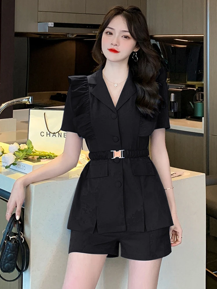 Summer Korean Style Elegant 2 Piece Outfits Women Sweet Ruffles Belt Tops Blouse Blazer Shorts Pants Sets Streetwear Office Lady