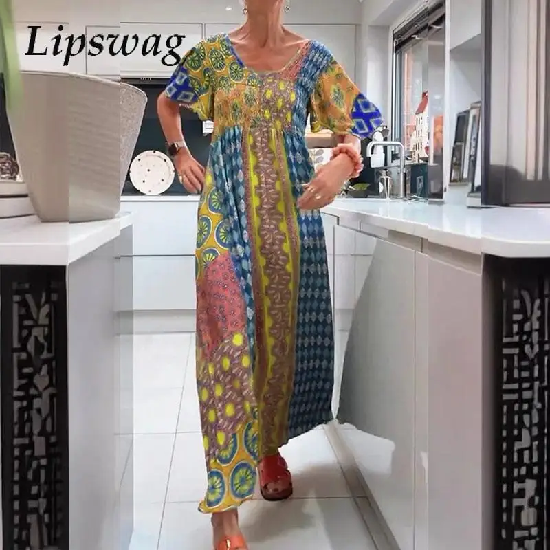 

All Match Pattern Printed V-neck Bohemian Dress Women 2024 Loose Pullover Office Dress Elegant Lady Folds High Waist Long Dress