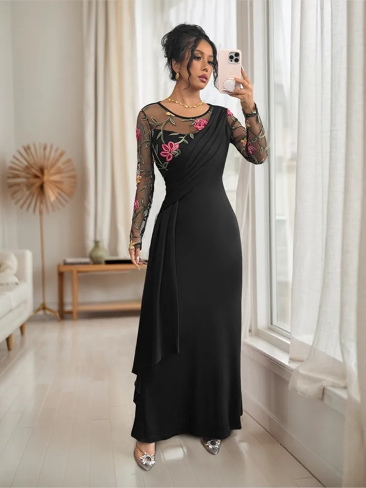 

Elegant O-neck Long-sleeved Dress For Women Fashion Spring Retro Mesh Embroidery Splicing Long-sleeved Waist Dresses For Women