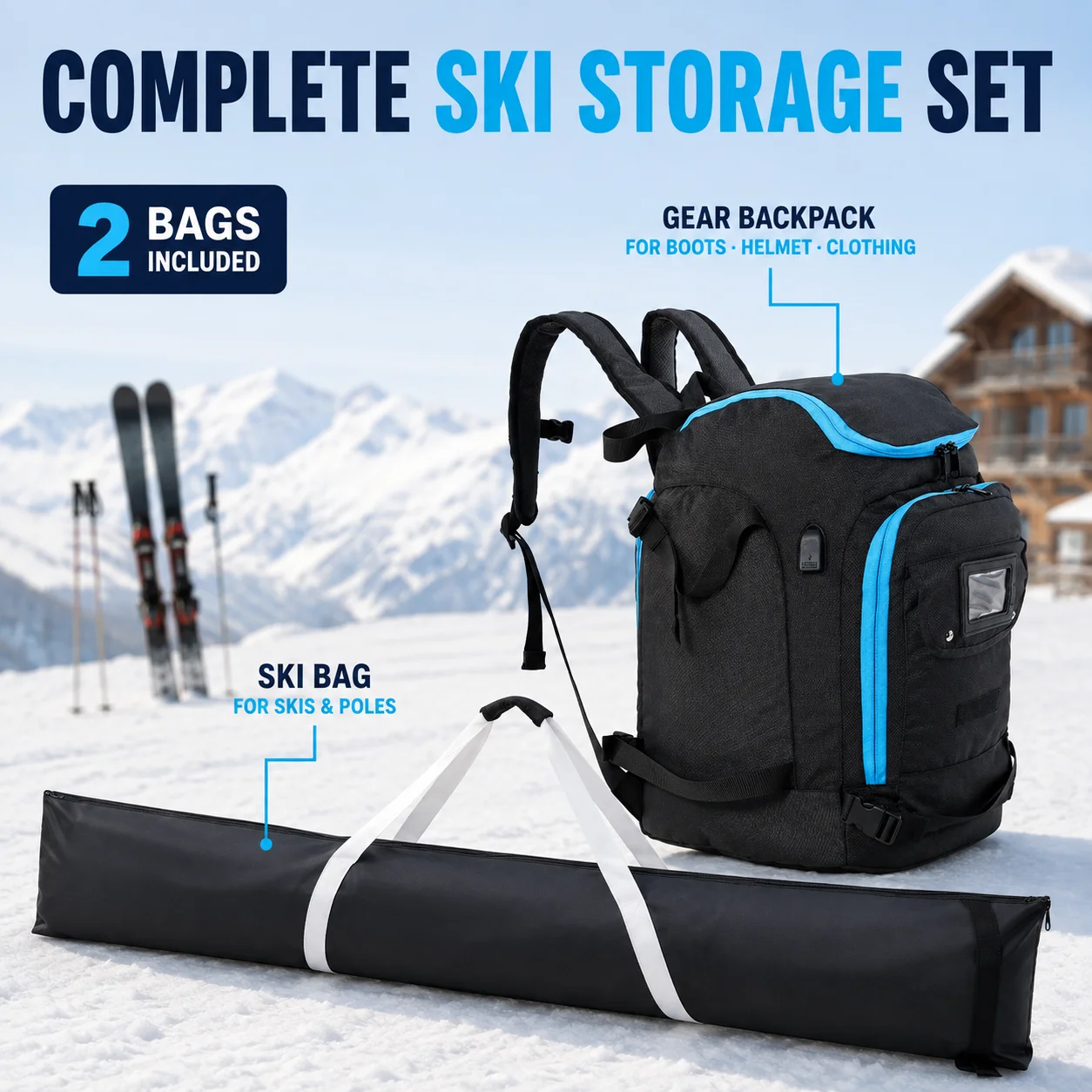 Ski Travel Bag Set 50L Ski Boot Backpack 185cm Adjustable Ski Carrier Durable Gear Storage For Skiing Snowboarding Travel
