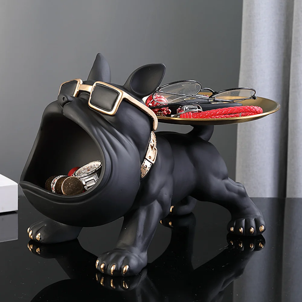 Cool Bulldog francese Butler decor con vassoio grande bocca cane statua scatola di immagazzinaggio animale resina Sculputre Figurine Home decor