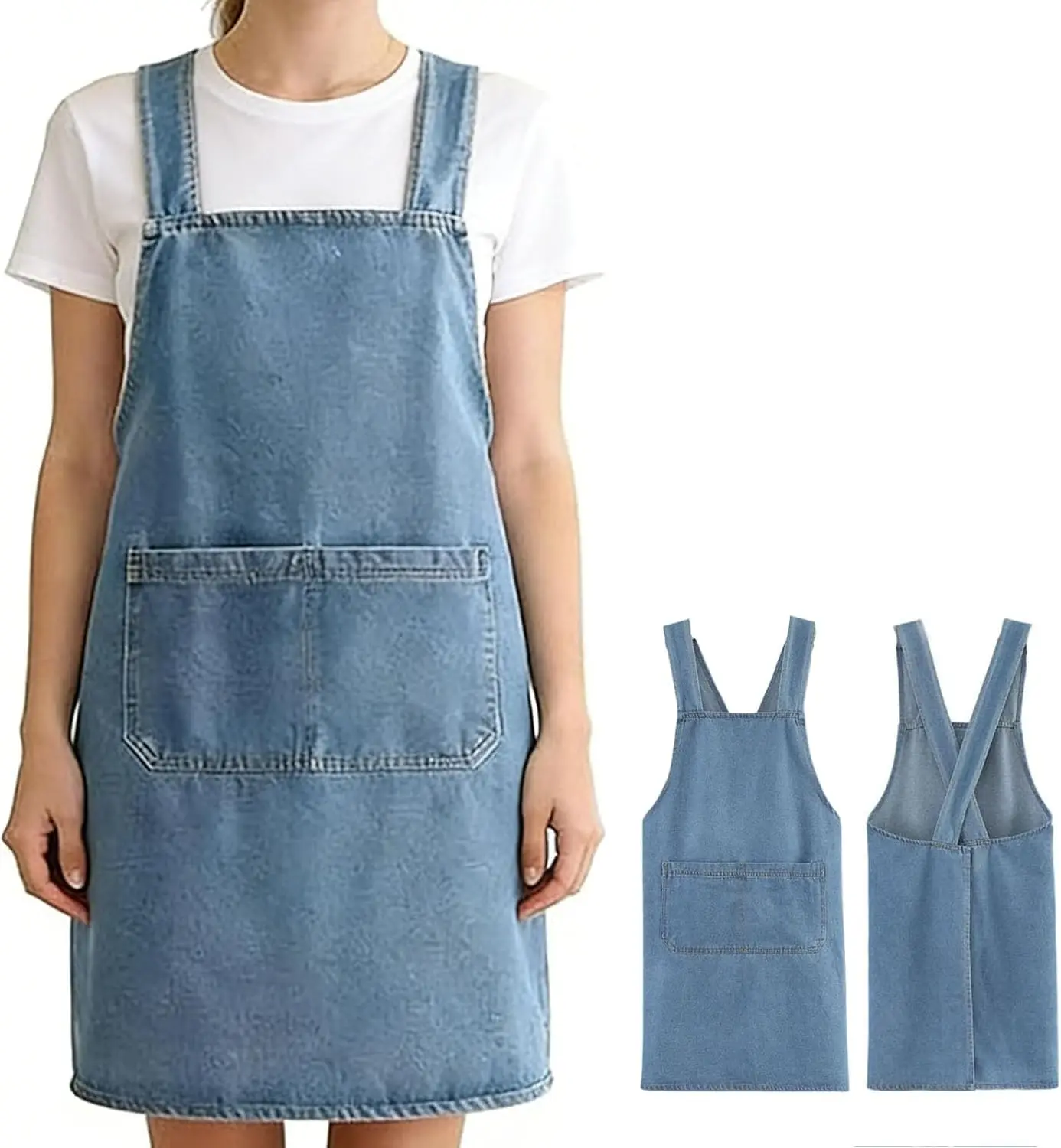 

Lightweight Cotton Apron with Front Pocket, Denim Cross Back Design, Durable & Stain-Resistant for Adults