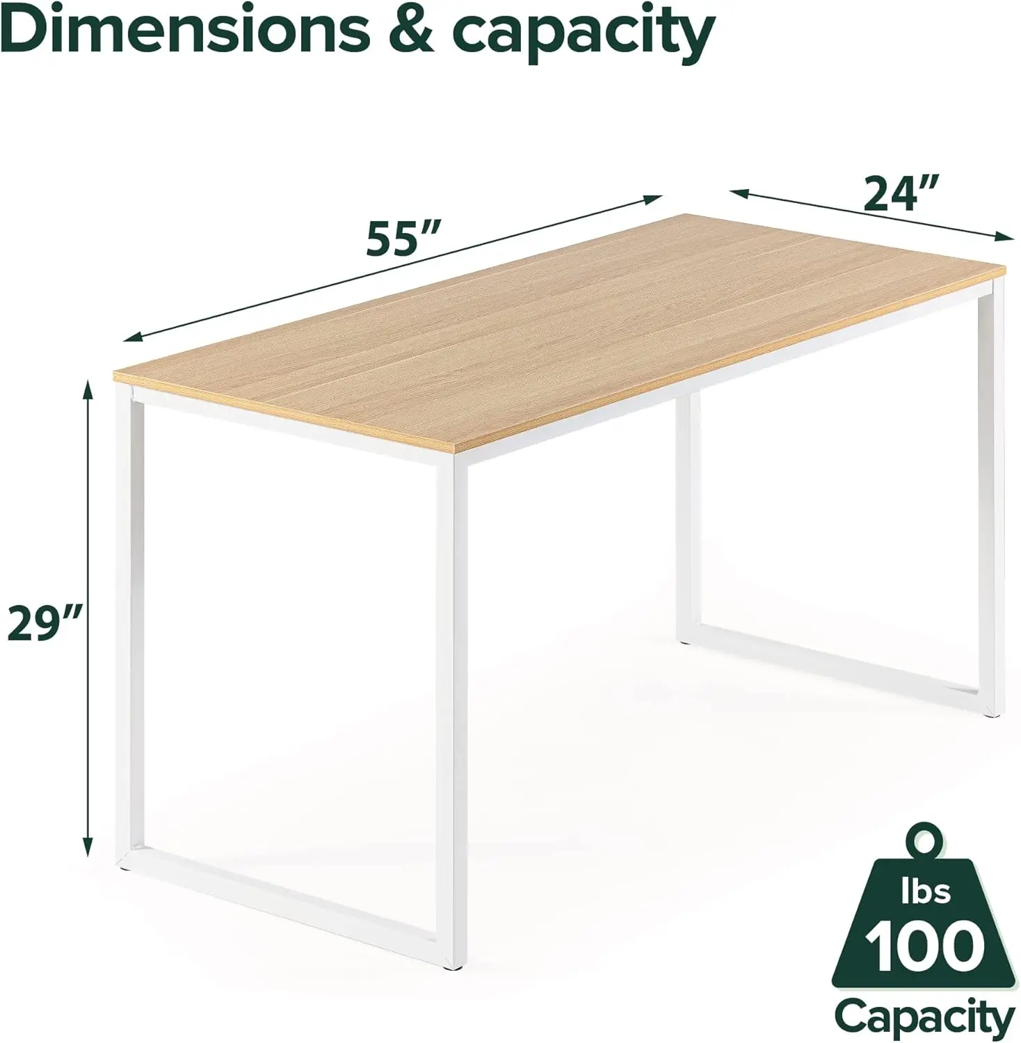 Jennifer 55 Inch White Frame Desk, Computer Workstation, Office Desk, Dining Table, Easy Assembly, Natural