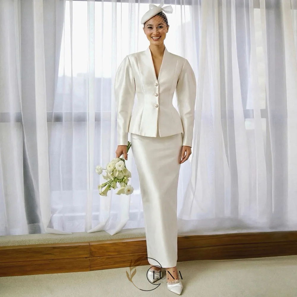 Luna Customized Modern Leg-of-Mutton Sleeves Wedding Dresses Satin 2 Pieces Single Breasted Civil Bridal Gown