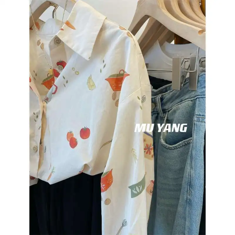 Japanese Cute Carrot Rabbit Retro Cartoon Shirts Summer Long Sleeve Blouse Beige Loose Button Up Shirt Korean Fashion Girls 2024