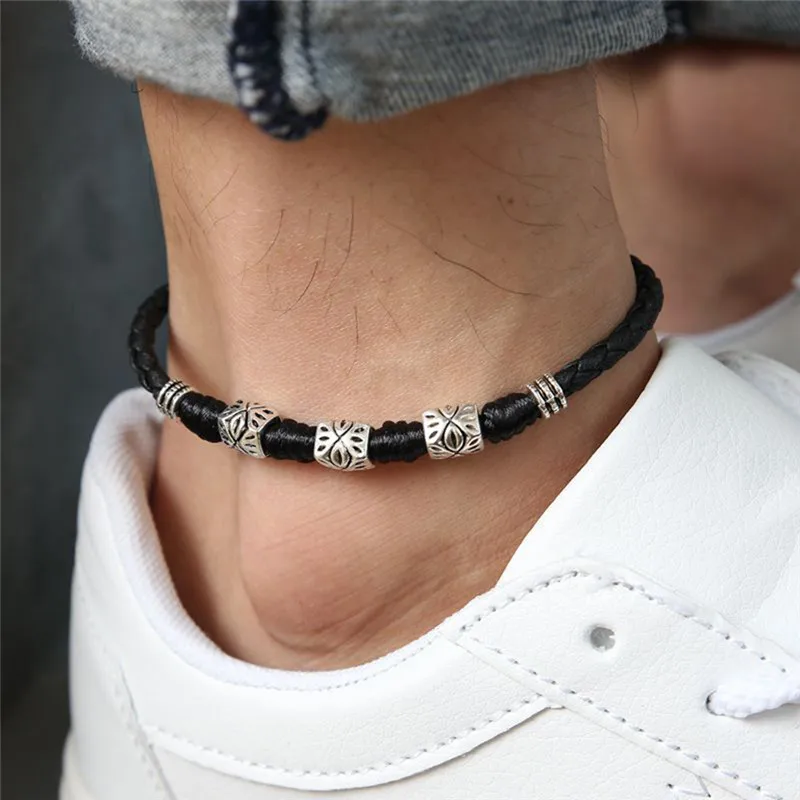 High section-Hand-woven Leather Rope Bracelet Anklet For Men Women's Couple Feet Jewelry Retro Personality Ankle Ornaments