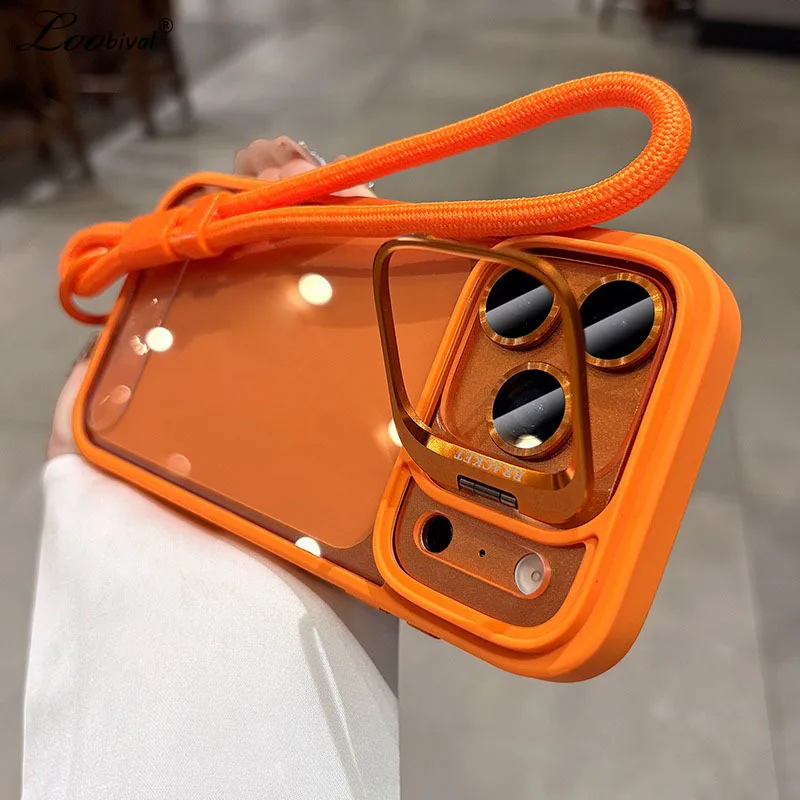 

Роскошный ремешок для камеры, прозрачный чехол для iPhone 17, 16, 15 Pro Max 14, 13, 12, 11, ремешок на запястье, подставка, противоударный чехол