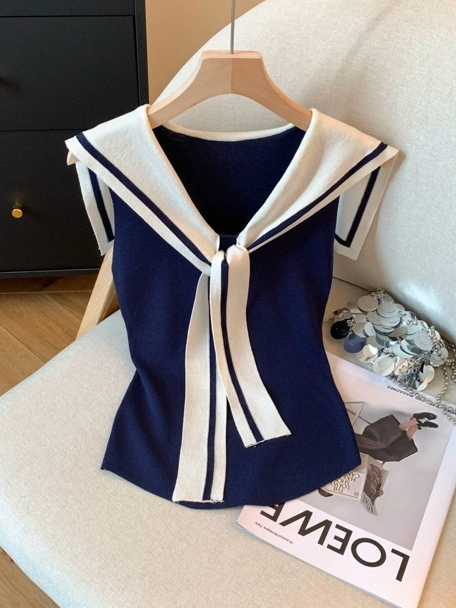 Ice Silk Knitted Short Sleeve T-Shirt Women Summer Color Block Sleeveless Vest Slim Fit Shoulder Shawl Top Korean Style Commute