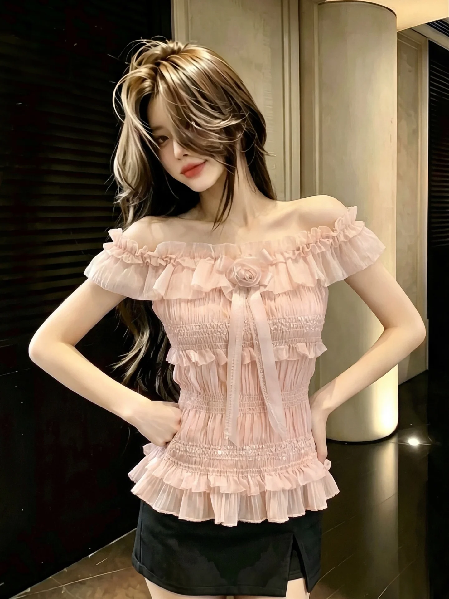 

Pink One-Shoulder Chiffon Shirt Women's Slim Fit Beautiful Pleats Unique Style Summer New Arrival Lace Trim Short Sleeve Top
