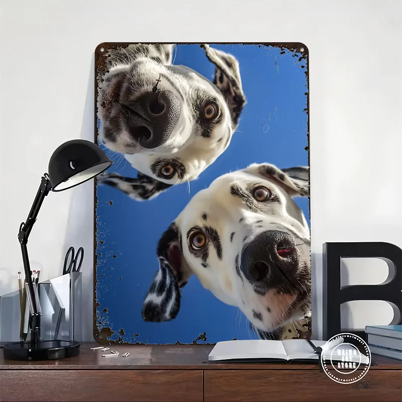 Two Dalmatians Looking Down Metal Poster Custom Wall Art Retro Vintage Tinplate Signs for Room Decorations Aesthetic Decoration