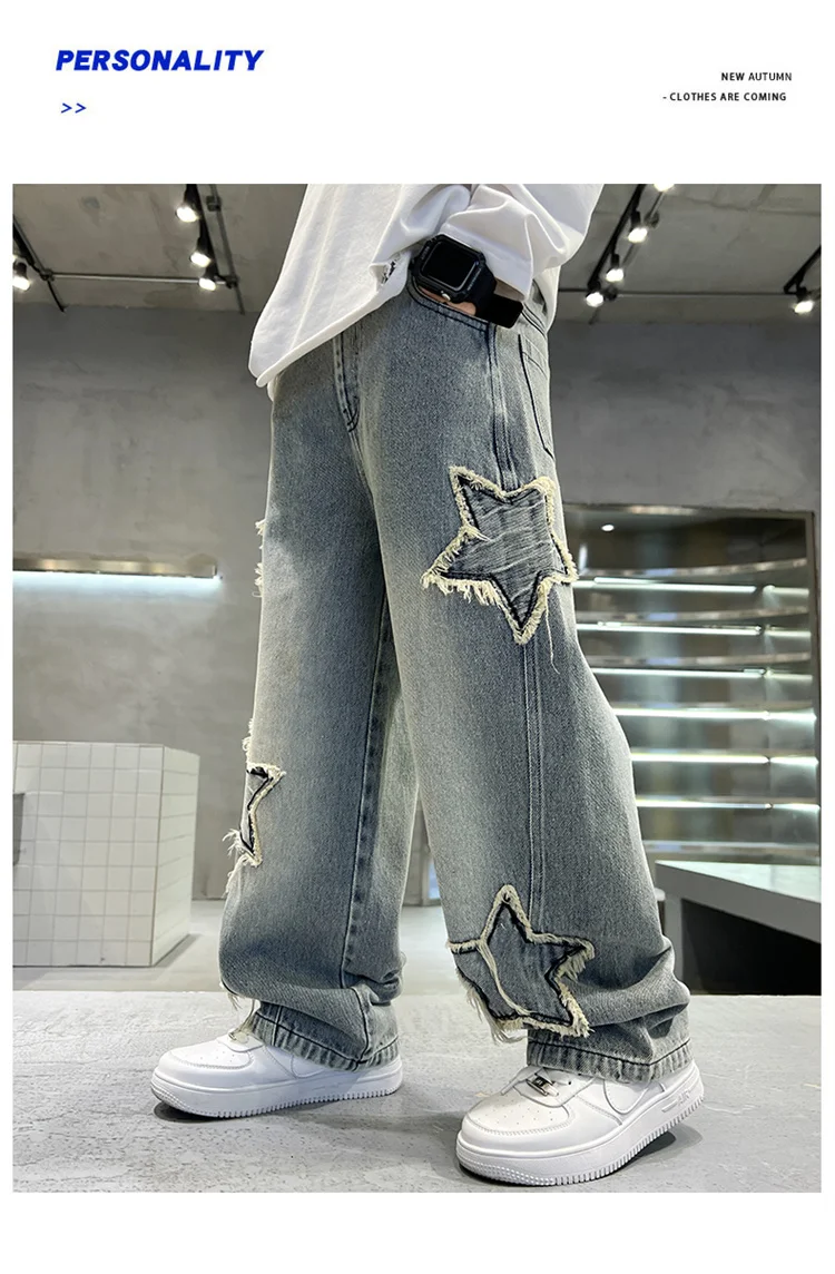 Koreanische Kinder-Jungen-Freizeitjeans mit Fünf-Punkt-Stern-Print, Denim-Hosen für Kinder, Bestseller, Jeans mit elastischem Bund, für Kinder von 5 bis 14 Jahren – Detail 5