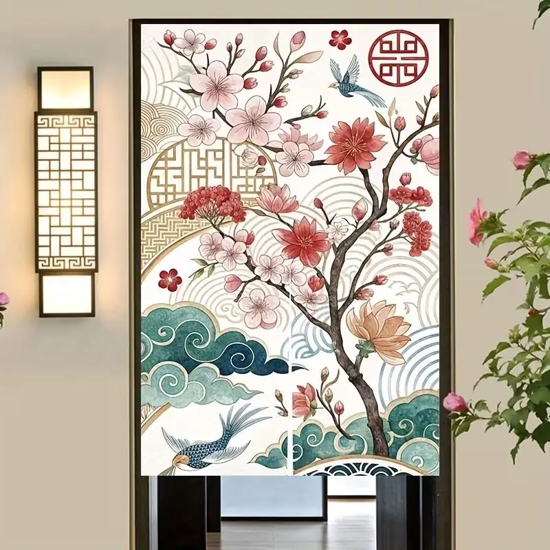VIKAMA Japanese Cherry Blossom Half Door Curtain Privacy Partition Curtain Entrance Hallway Cozy Fabric Washable Home Decor