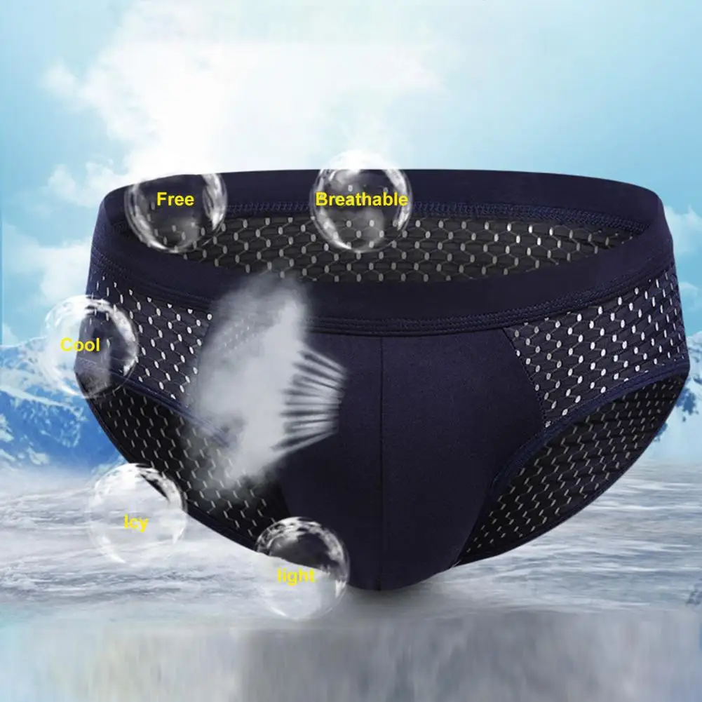 Men Briefs Mesh Stretchy Breathable Solid Color Plus Size Hollow Out U Convex Panties Underwear Mid Waist Panties Underwear