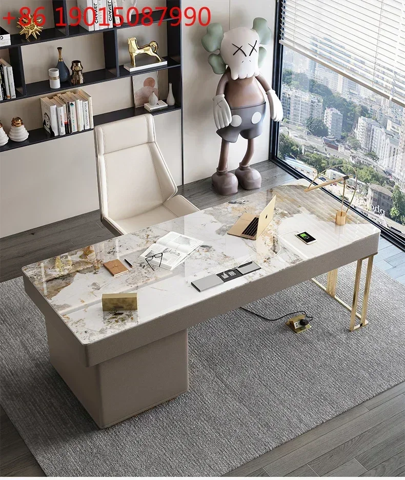 Light Luxury Stone Plate Desk Study Home Modern Simple Stainless Steel Desk Designer High-End Office Computer Desk