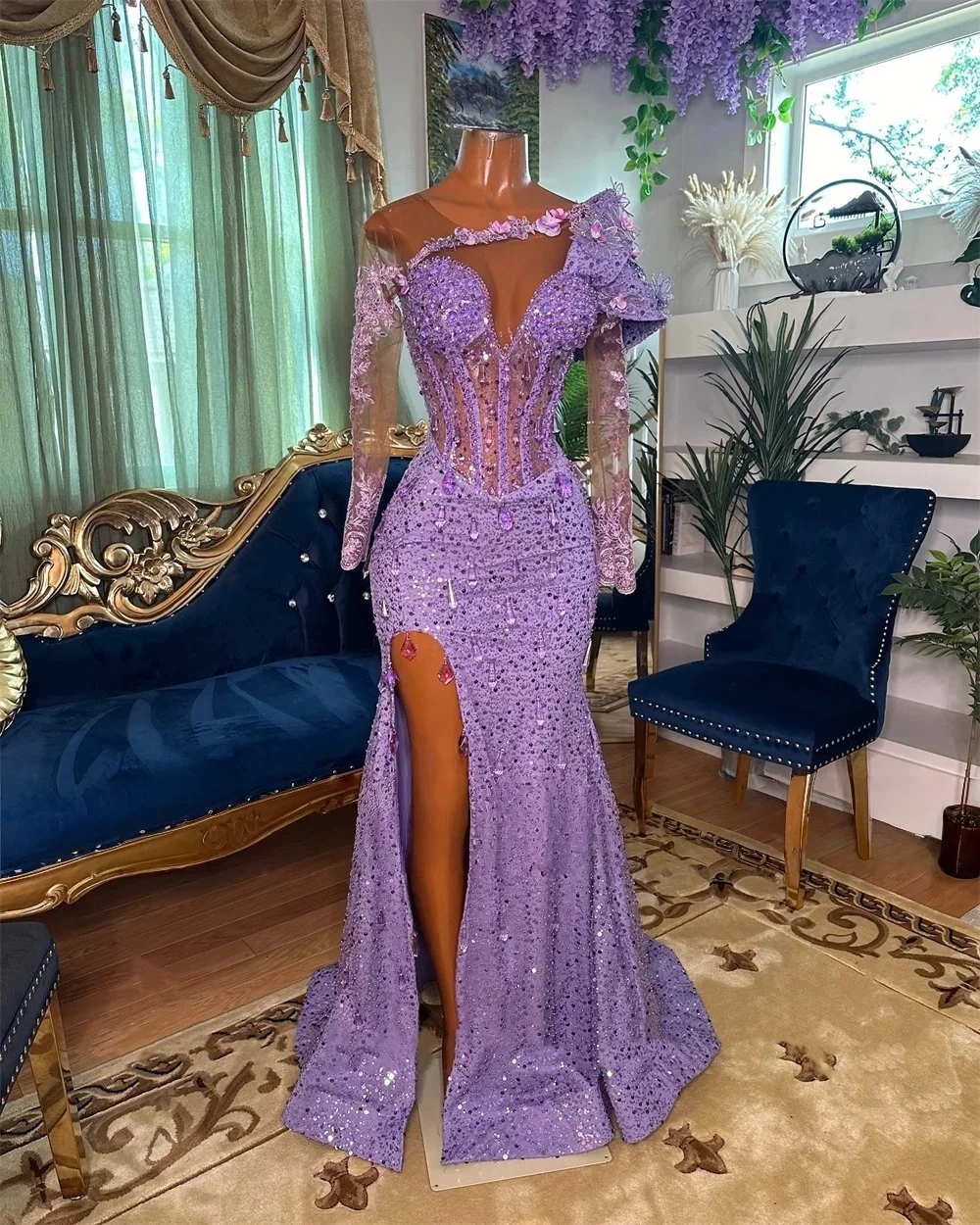 Lila Ballkleider mit langen Ärmeln für schwarze Mädchen, Pailletten, Kristalle, Schlitz, afrikanische Abendkleider, Geburtstagsparty-Robe, individuell gestaltet
