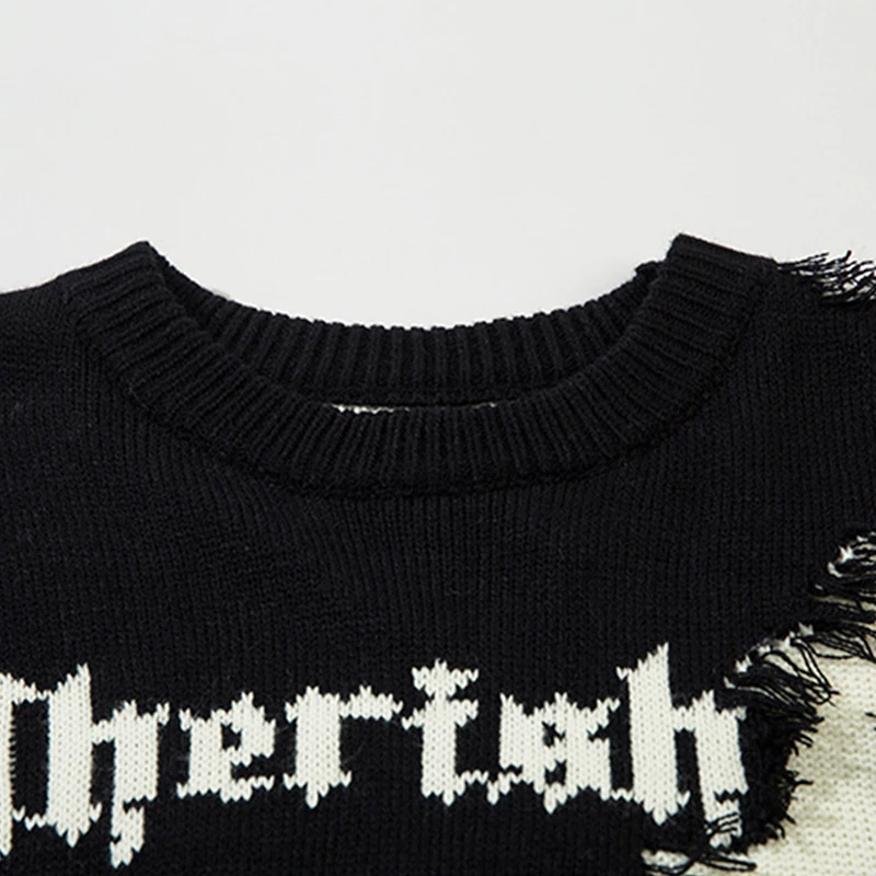 الهيب هوب الرجال تريكو سترة الرجعية متعة حفرة سترة الخريف موضة محبوك اللون حجب البلوز Harajuku فضفاض الشارع الشهير