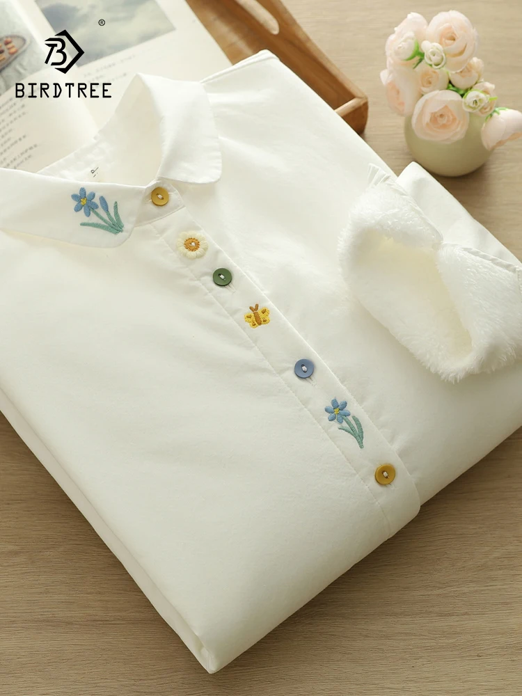 

Новинка 2025, осенняя хлопковая флисовая рубашка с длинными рукавами, женская свободная блузка с цветочной вышивкой и лацканами Mori Girl с разноцветными пуговицами T5O024CC