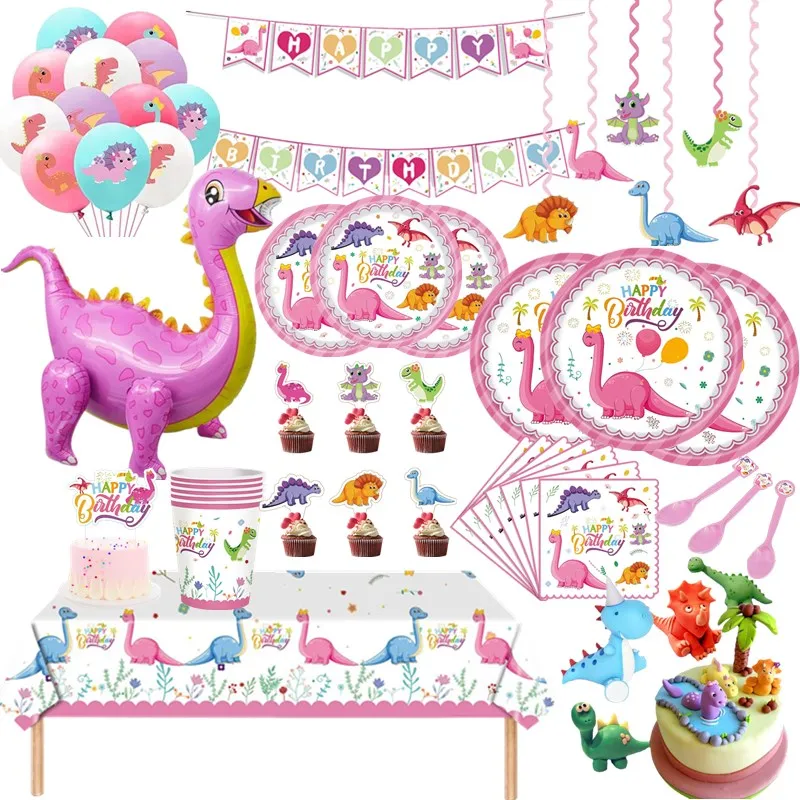 Pink Dinosaur Party Decorations Birthday Dinour Tableware Set Happy Birthday Party Decoration For Kids Boy Jungle Wild Party dec