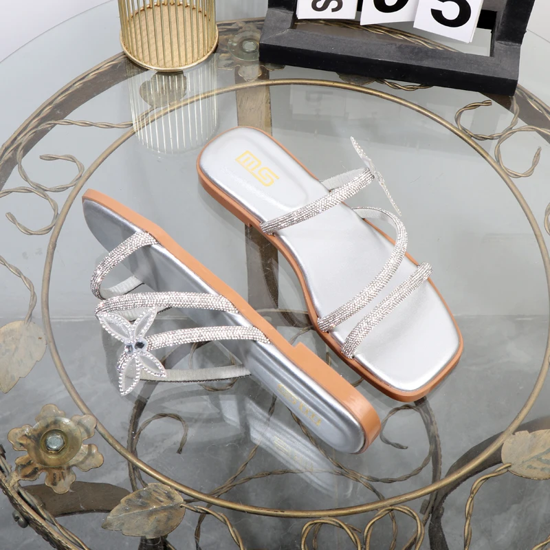 Ladies flat slippers black outside sandals celebrity PU soft bottom square rhinestone sandals bow fashion slippers