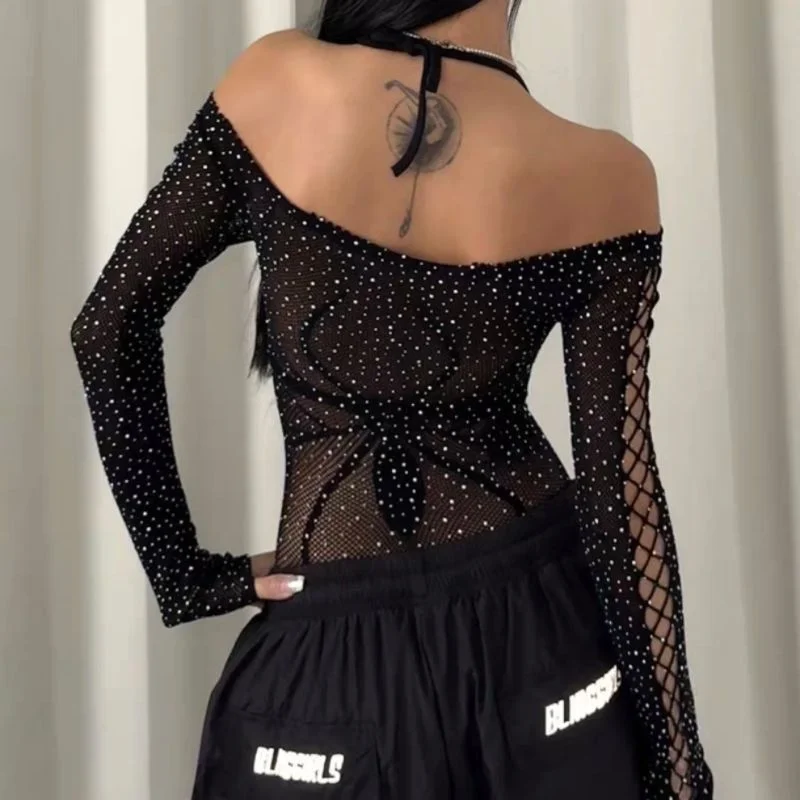Sexy One-line Jumpsuit Dancing See-through Bottoming T-shirt Long-sleeved Hollow Slim Hot Girl Top