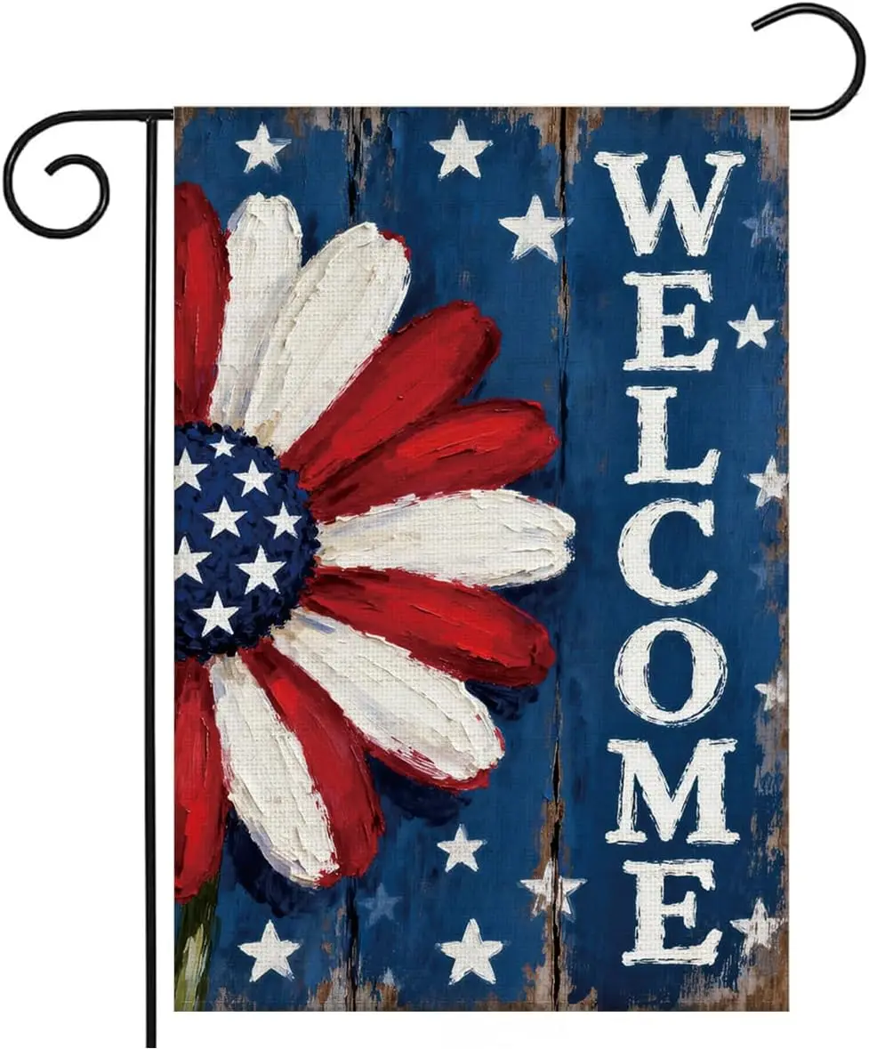 Patriotic Welcome Sunflower Garden Flag,4th of July Garden Flag for Outside | Double Sided Linen Garden Flags for Yard Outdo llp
