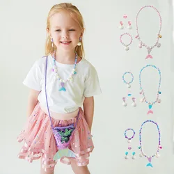 Children Beaded Jewelry Set Cute Mermaid Tail Necklace Shell Bracelet Earrings and Ring for Little Girl Birthday Christmas Party