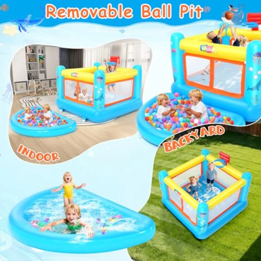 Inflatable Water Slide for 3-6, PVC Blow Up Water Park Backyard with Blower, Pool/Ball Pit, Hoop, Jumping, Indoor Outdoor Ocean