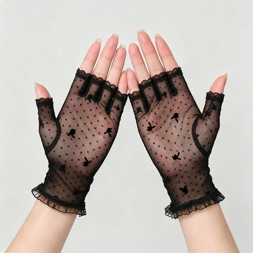 Fancy Style Short Half Finger Gloves Breathable Thin Mesh Sunscreen Gloves Lace Trim Fishnet Gloves Women