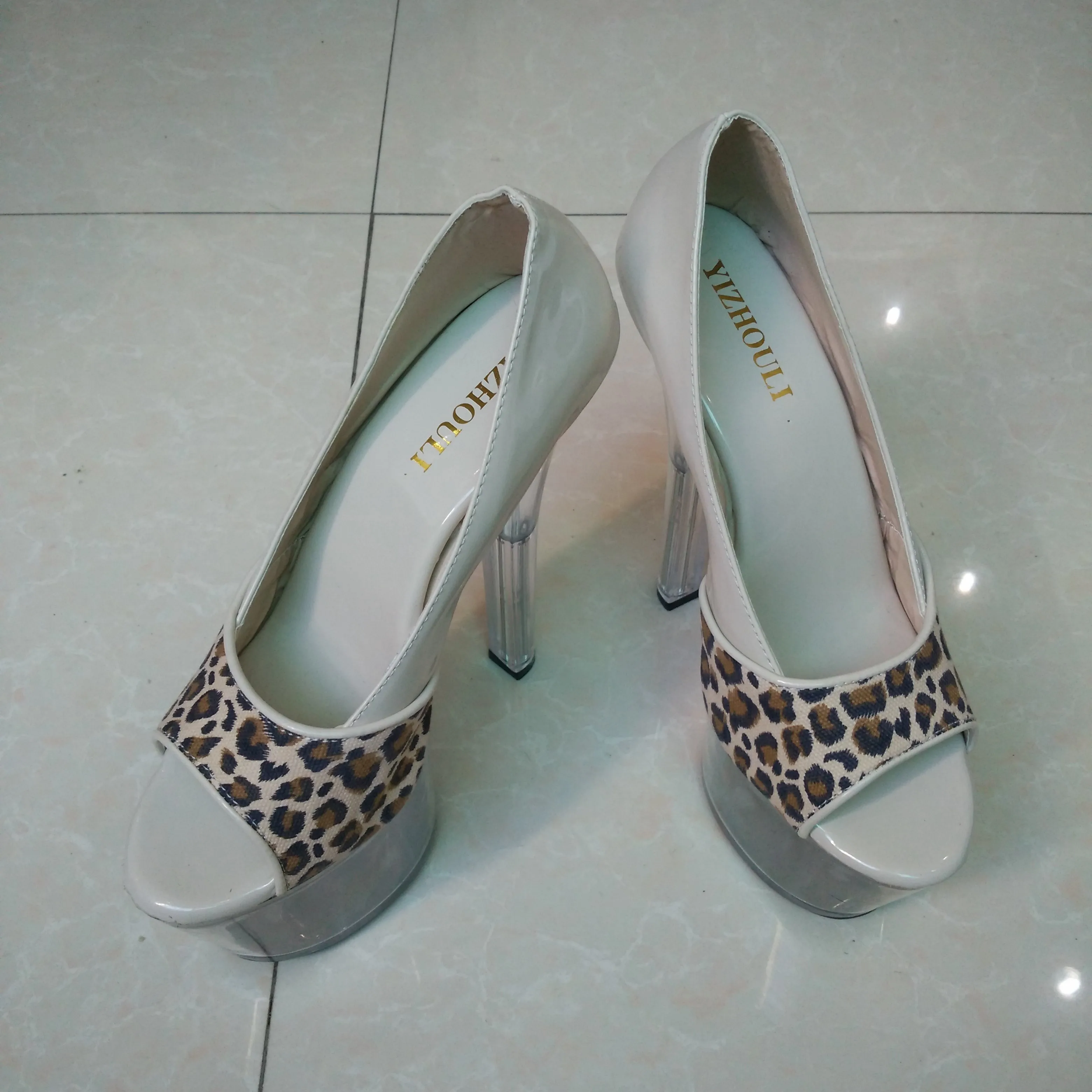 

Sexy leopard print material high heels, thick sole 17cm thin heels long strip crystal head waterproof platform,dance shoes