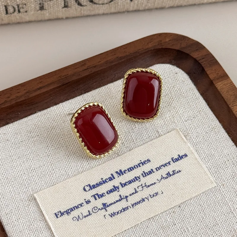 Ancora Red Vintage Stud Earrings for Women Premium Metal Minimalist Elegant Skin Flattering Fall Winter Daily Wear