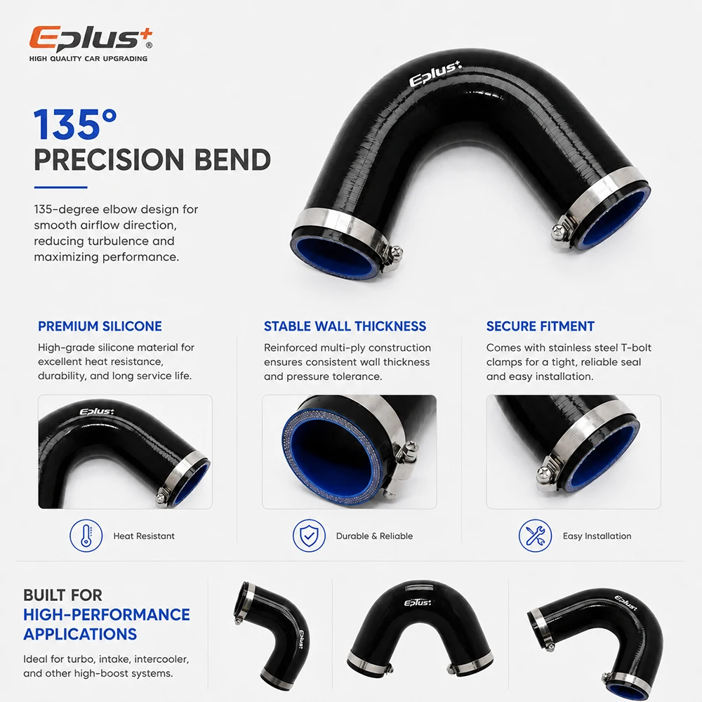 EPLUS Universal 135 Grad V-Form Silikonschlauch Schwarz 4-lagig Verstärkt Turbo Ansaug-Ladeluftkühler Silikagel-Kupplung – Detail 3