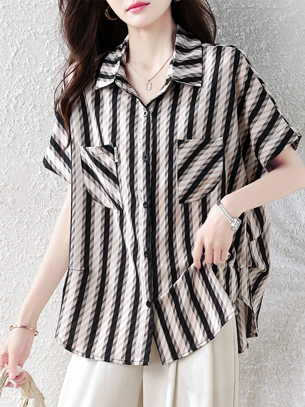 

Summer 2026 Women's Loose Short Sleeve Silk Shirt Stripe Pattern Big Size Casual Style Polyester Fiber Regular Sleeve Length