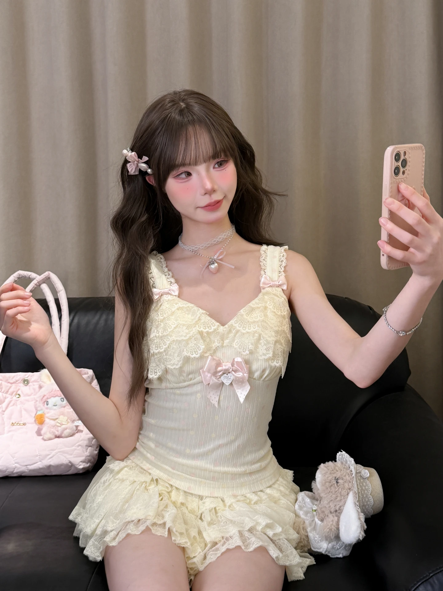 Sweet Style Polka Dot Lace  Knot Camisole Women's Underwear V-neck Heart Shaped Breathable Short Length Inner Vest