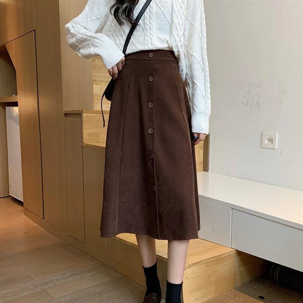 

Women Winter High Waist Button Long Pleated petticoat Ladies Korean Autumn Casual Warmth Solid Office Daily Midi Polyester Skirt