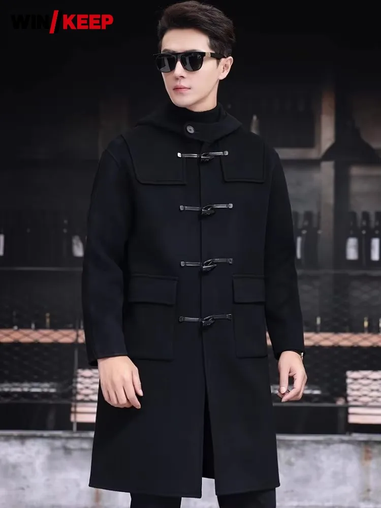 Mens 100% Wool Trench Overcoat Vintage Horn Button Hooded Long Coat Double Faced Sheep Fur Loose Fit Windbreaker Woolen Blends