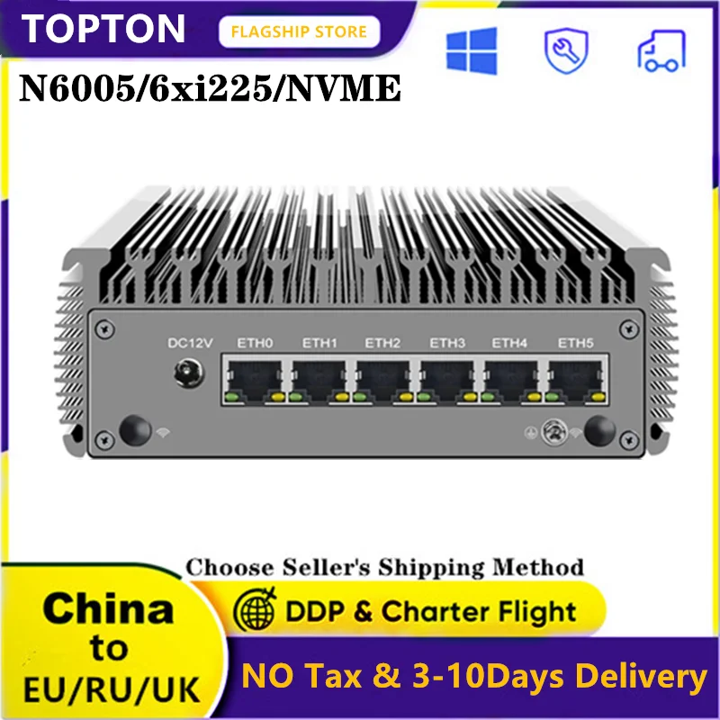 

2.5G 6 LAN Soft pfSense Router Pentium N6005 Celeron N5105 Intel i225 2500M 2*DDR4 NVMe SSD Industrial Fanless Mini PC RS232 COM