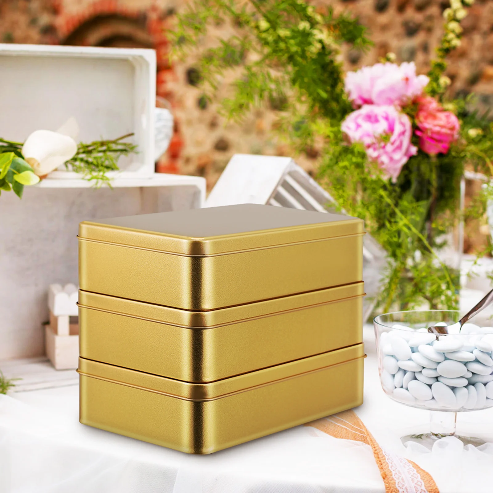 

3pcs Large Storage Boxes Wedding Tins Golden Rectangular Containers Lid for Gifts Snacks Home ganization