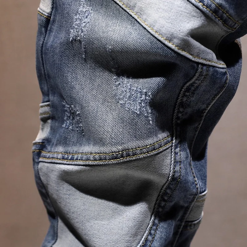 Jeans Pria Fashion Desainer Jalanan Jeans Robek Sambungan Slim Fit Biru Dicuci Retro Celana Denim Antik Hip Hop Pria Hombre