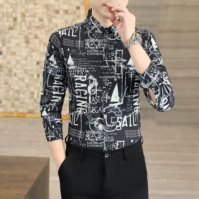 Spring and Autumn Men\'s Cardigan Single Breasted Polo Collar Stripe Letter Geometric Pattern Printed Long Sleeve Shirt Tops