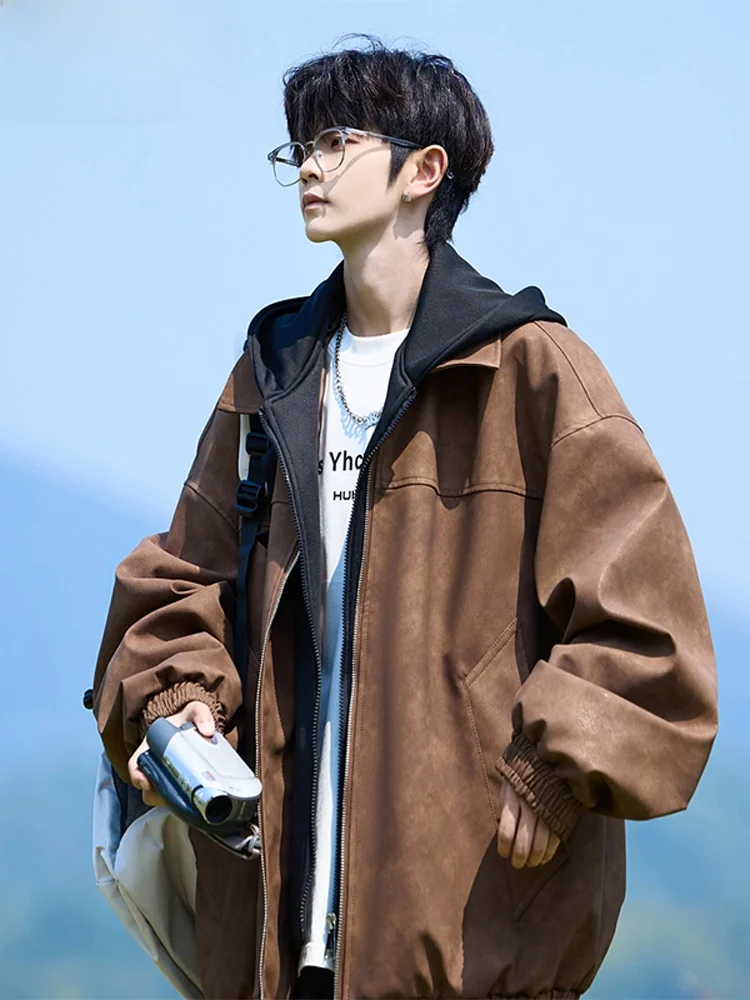 

Wassup Happy American Retro Leather Jaet Men's Spring Autumn Trendy Two-Piece Hooded Coat Casual Sle Polyester Fabric