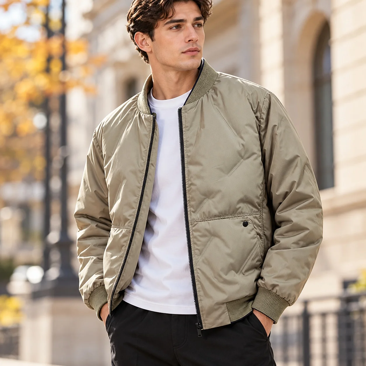 Loose Fit Stand Collar Coat Minimalist with Zipper Closure No Hood Short Length Regular Length Daily Wear Ribbed Hem for Men