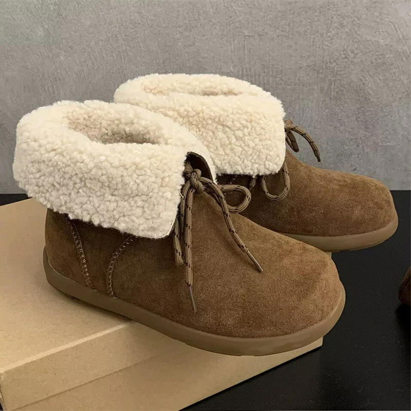 الفراء المرأة أحذية الثلوج الشقق الجلد المدبوغ أحذية دافئة 2025 موضة جديدة أحذية قطنية ماركة الراحة الشتاء قصيرة أفخم الرياضة Mujer بوتاس #5