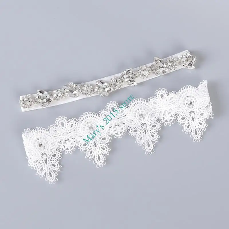 2PCS Elegant Bridal Garter with Rhinestones Decors for Wedding Ceremony Dressingup Lace Leg Garters for Special Event